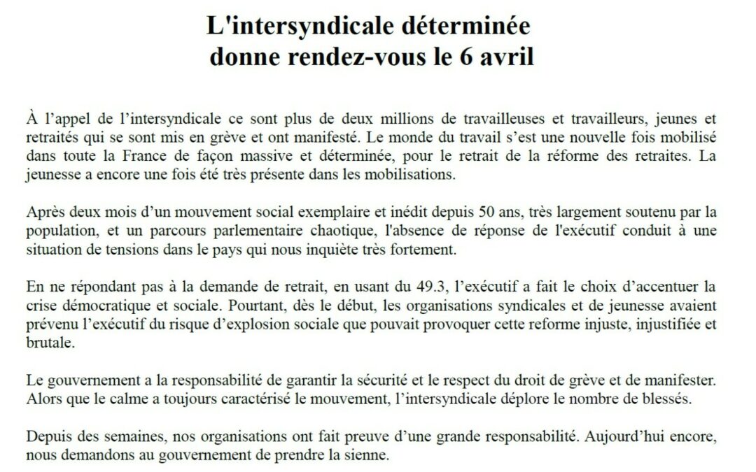 L’intersyndicale déterminée donne rendez-vous le 6 avril