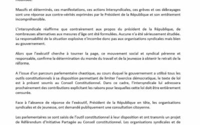 Communiqué Intersyndical du 23 mars 2023 : la mobilisation sociale s’accentue, c’est l’heure du retrait !
