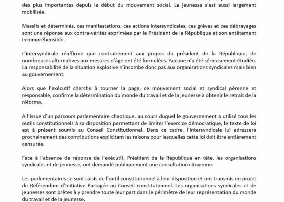 Communiqué Intersyndical du 23 mars 2023 : la mobilisation sociale s’accentue, c’est l’heure du retrait !