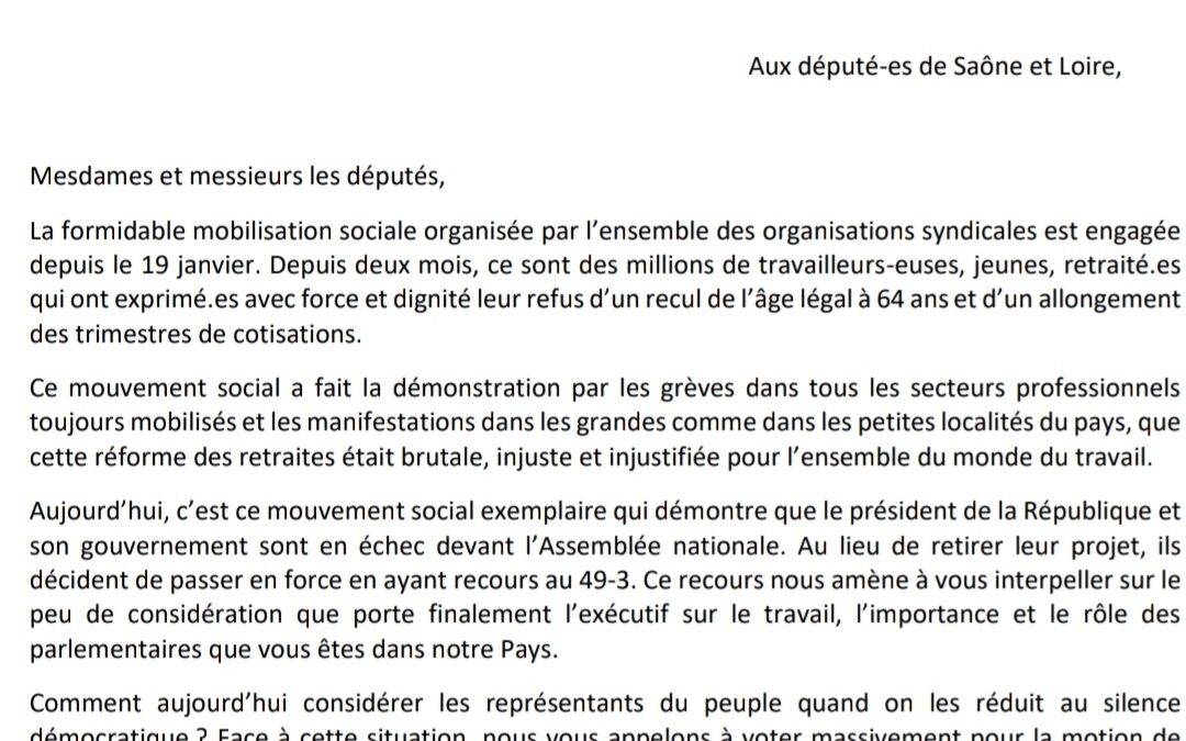 La lettre intersyndicale aux députés de Saône et Loire