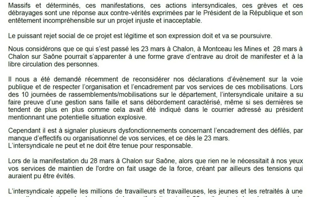 Intersyndicale 71 : Lettre ouverte à M. Yves SEGUY, préfet de Saône et Loire