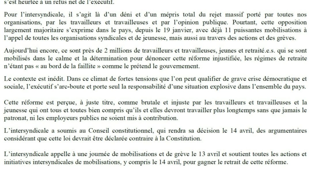 Tract départemental 13 avril 2023 : Toujours nombreuses et nombreux, déterminé.e.s à gagner le retrait