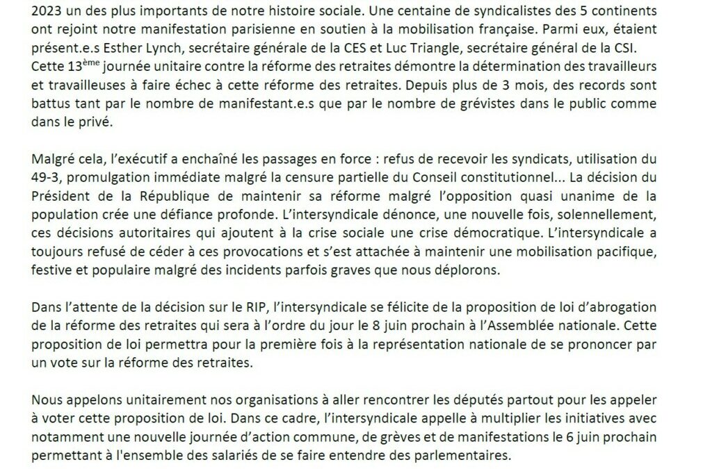 Toujours unis, nombreux et déterminés pour le retrait et pour le progrès social