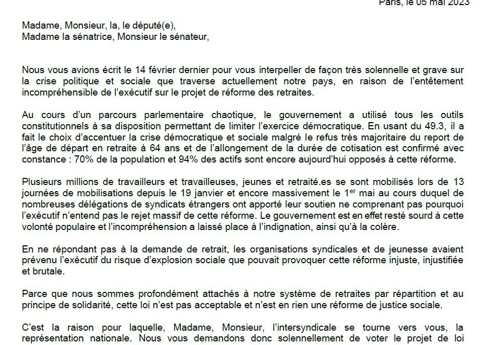 Lettre Intersyndicale aux élus du 5 mai 2023