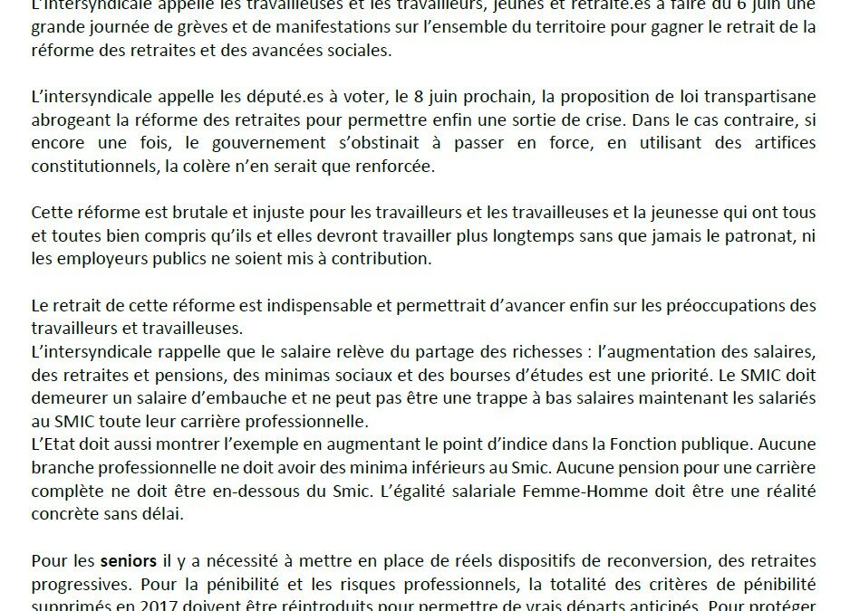 6 juin : gagnons le retrait de la réforme et obtenons des avancées sociales !