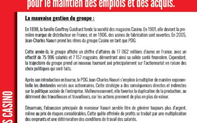 Casino : d’un groupe modèle à la déroute sous les yeux de l’Etat. La CGT encourage les salariés à continuer la lutte pour le maintien des emplois et des acquis.