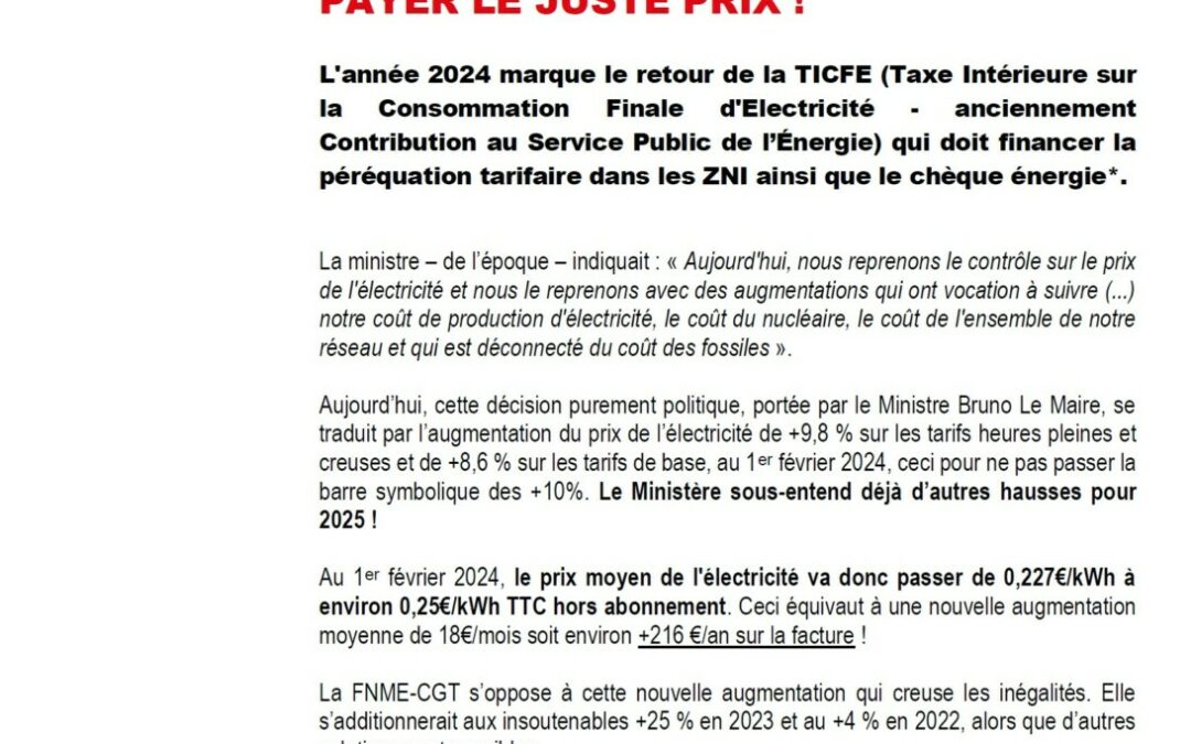 Communiqué de la CGT Mines-Energie : NOUVELLE AUGMENTATION INSUPPORTABLE DE L’ELECTRICITE AU 1ᵉʳ FEVRIER, D’AUTRES SOLUTIONS POSSIBLES POUR PAYER LE JUSTE PRIX !